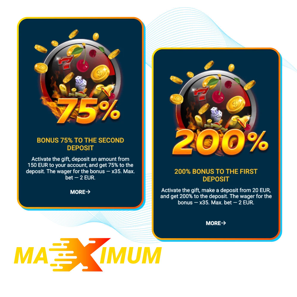 Maximum Casino UK promo banner with tiered welcome bonuses up to 200% and x35 wagering.