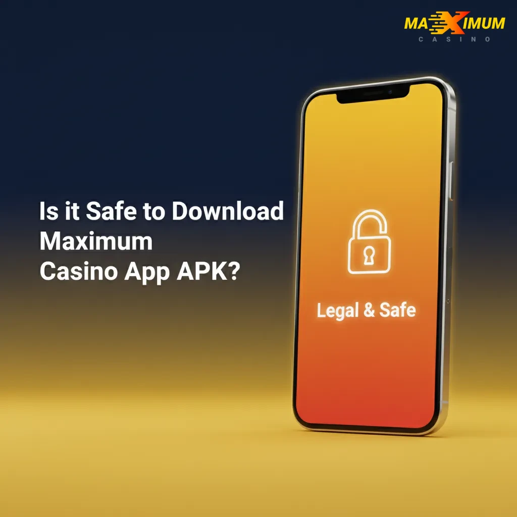 Phone showing Maximum Casino App APK with lock, shield, and certificate icons, symbolizing licensed, SSL-encrypted security