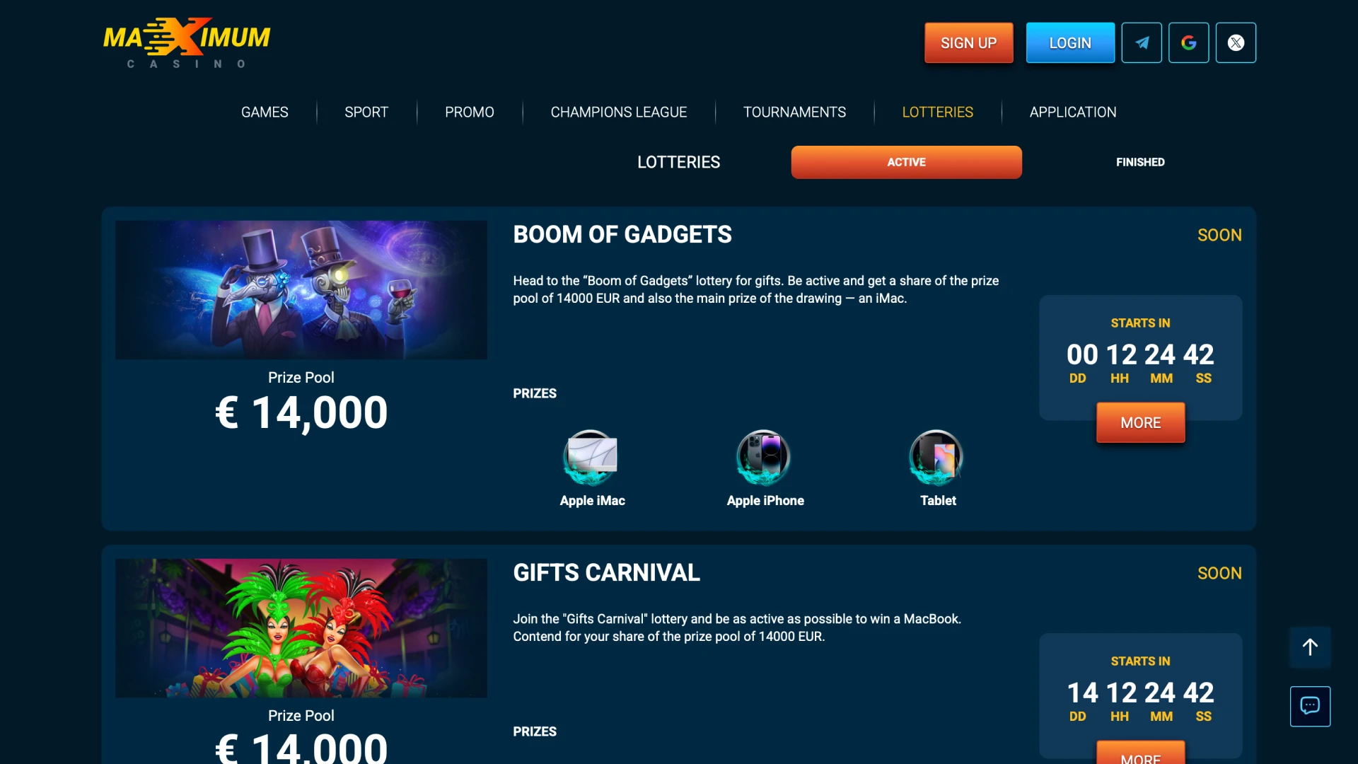 Check out the active lotteries on the Maximum Online Casino website.