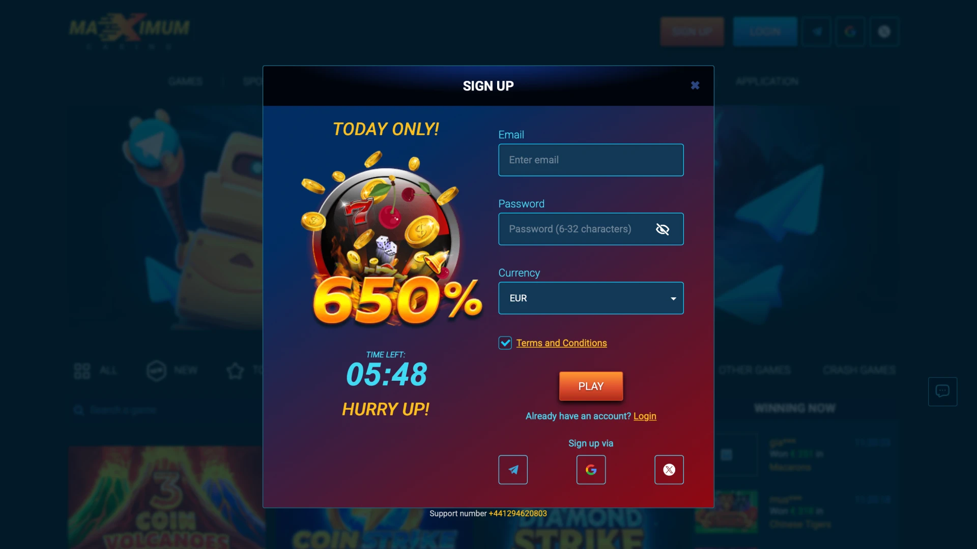 Choose your login method at Maximum Online Casino.