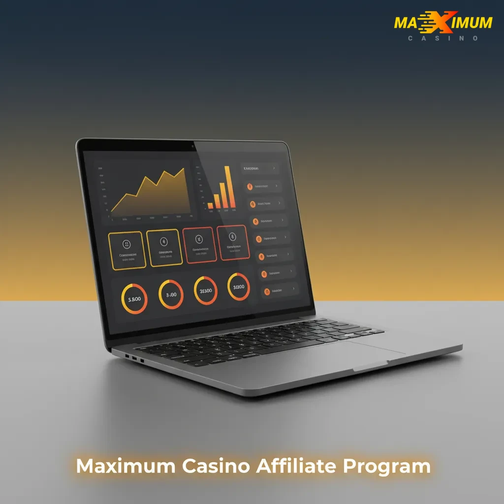 Maximum Casino Affiliate Program graphic: UK-focused, tiered rev-share/CPA, real-time reports, geo assets, dedicated manager.