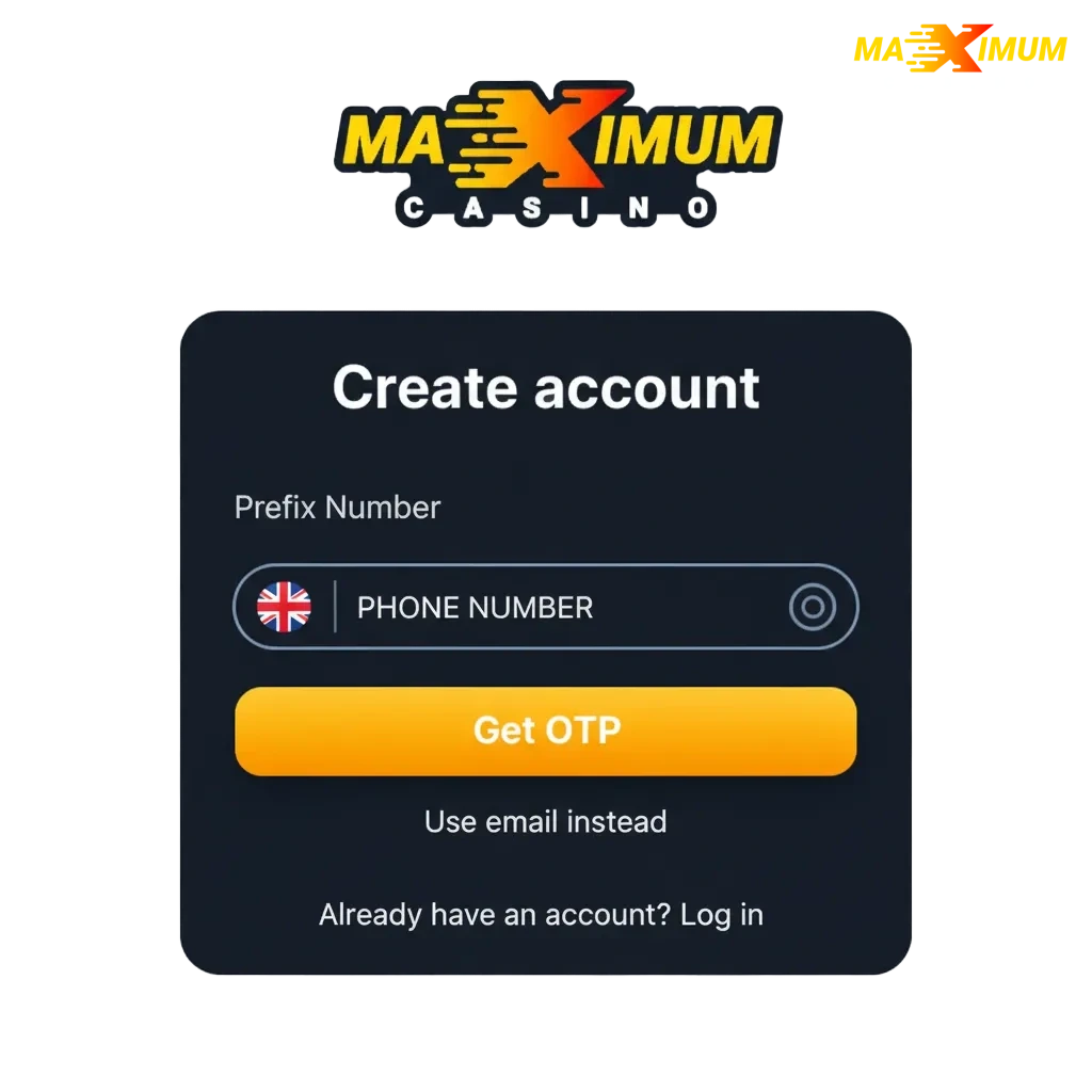 Secure Maximum Casino registration, login, and verification shown on web and app, UK-focused, with welcome bonuses.