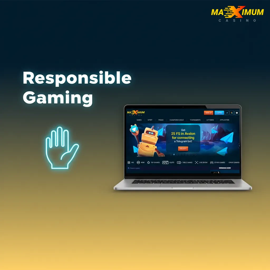 Responsible Gaming graphic with tips: limits, time-outs, reminders, budget setting, and support from GamCare/BeGambleAware.