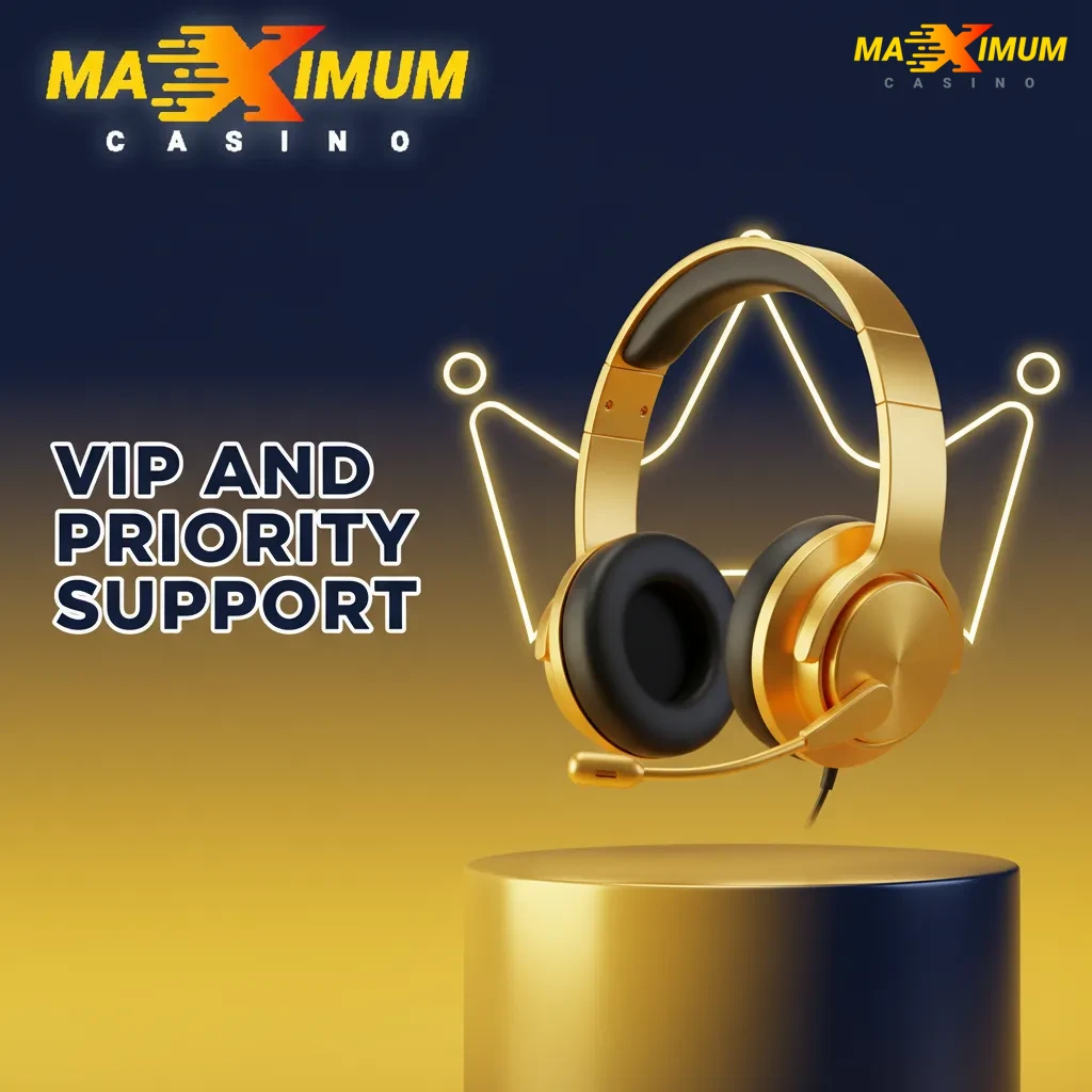 Maximum Casino VIP and Priority Support banner showing chat, email, phone, and manager icons with fast response times.