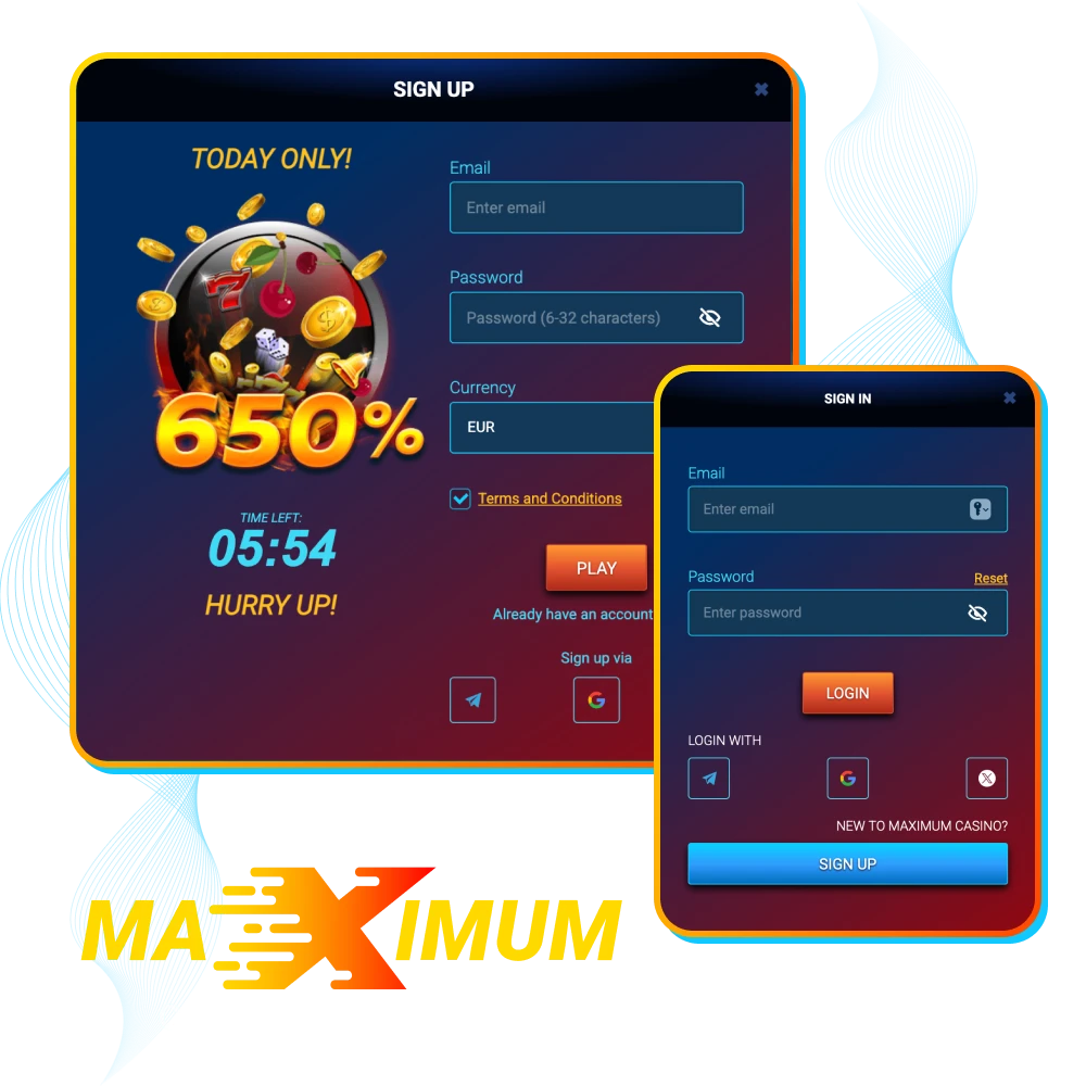 Secure Maximum Casino registration, login, and verification shown on web and app, UK-focused, with welcome bonuses.