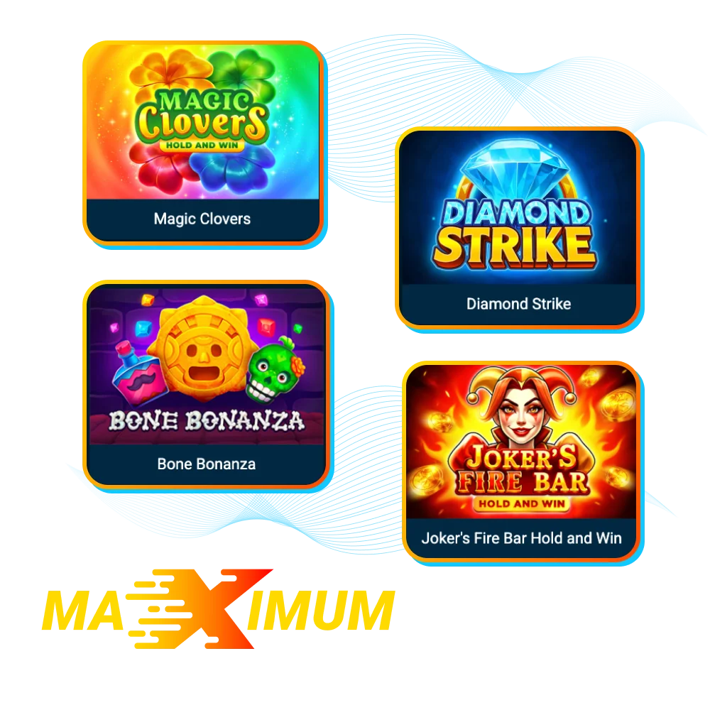 Maximum Casino slots promo 3,200+ games, Adventure/Fruits/Egypt/Fantasy, provider logos, bonus offers, mobile and desktop.